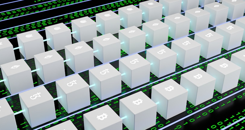 A digital artwork featuring multiple white cubic blocks aligned in a grid pattern, each displaying symbols of various cryptocurrencies like Bitcoin and Ethereum. The blocks are interconnected by glowing lines, set against a background of binary code in green and black.