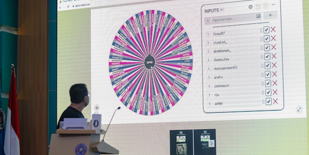 A person stands in front of a large screen displaying a colorful digital wheel with names. The screen shows a web interface with options for inputs, featuring a list of names with checkboxes on one side and a large, vibrant spinning wheel on the other. The environment appears to be indoors, possibly in a conference or presentation setting with a podium.